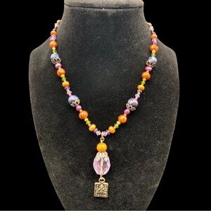NWT Sacred Jewelz Multicolor Beaded Necklace with Ganesha Pendant 10” drop